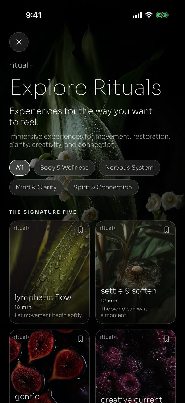 The ritual app's Explore Rituals screen, with photo cards for different rituals.