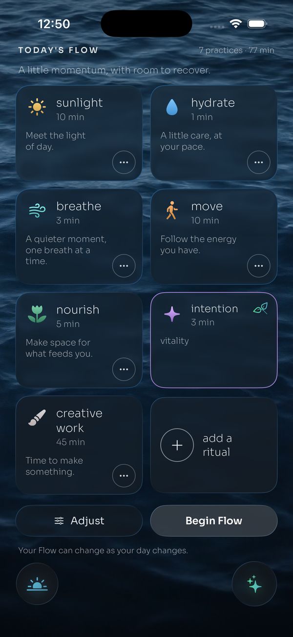 The ritual app's Today's Flow screen, showing ritual tiles over an ocean background.